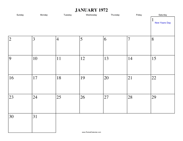 January 1972 Calendar