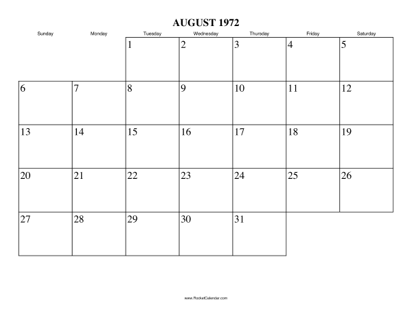 August 1972 Calendar