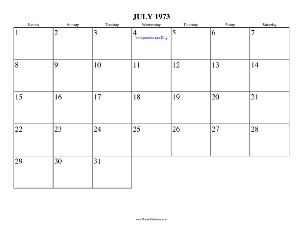 July 1973 Calendar