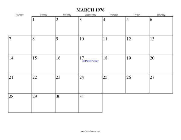 March 1976 Calendar