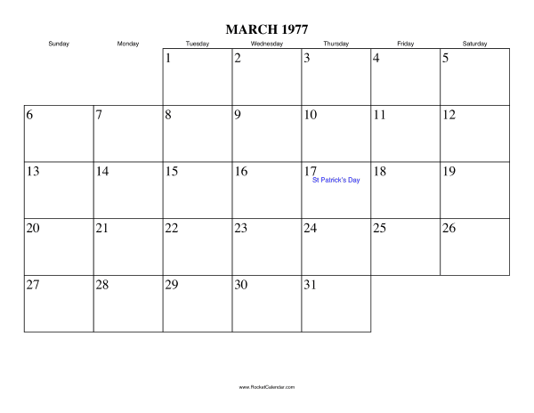 March 1977 Calendar