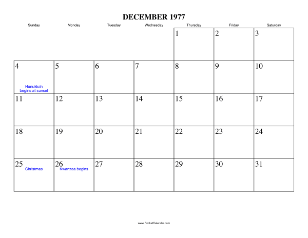 December 1977 Calendar