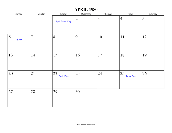 April 1980 Calendar