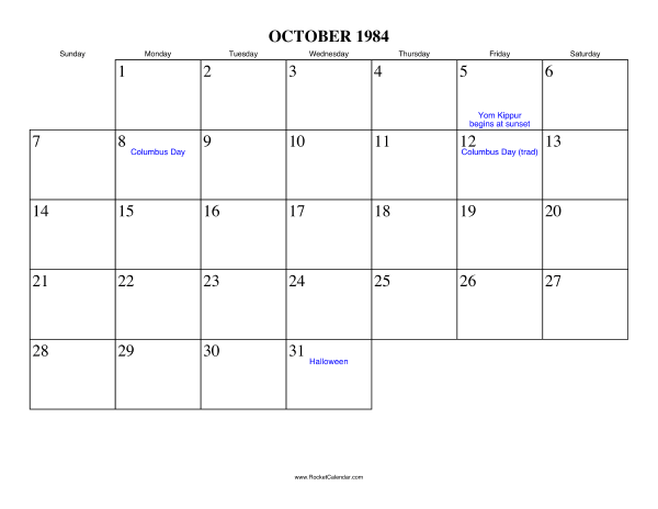 October 1984 Calendar