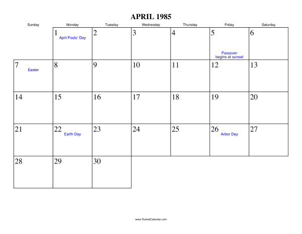 April 1985 Calendar