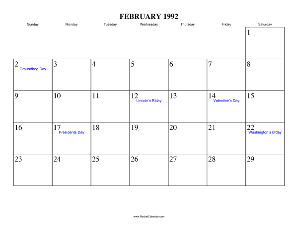 February 1992 Calendar