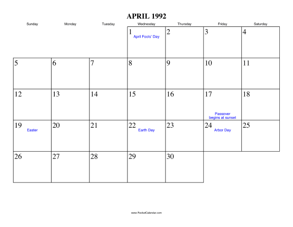 April 1992 Calendar