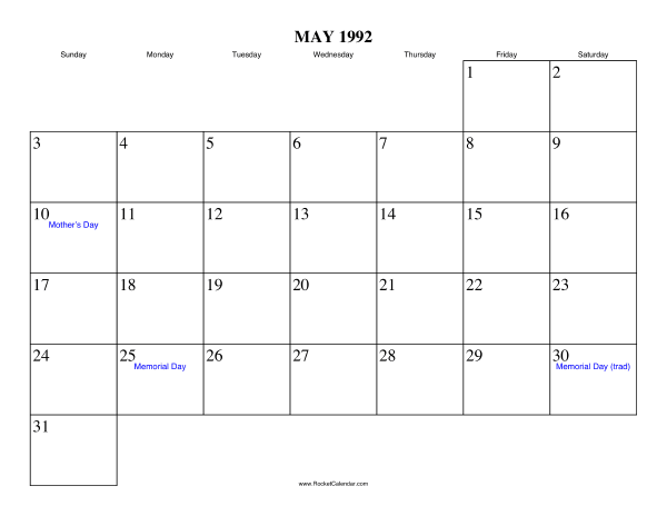 May 1992 Calendar