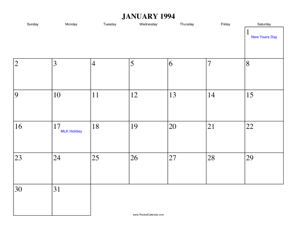 January 1994 Calendar