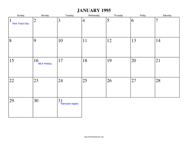 January 1995 Calendar