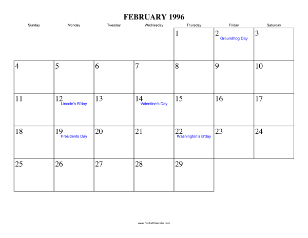 February 1996 Calendar
