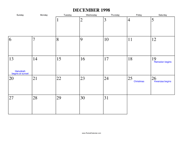 December 1998 Calendar