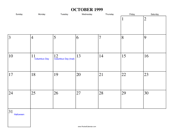 October 1999 Calendar