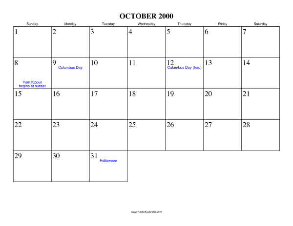 October 2000 Calendar