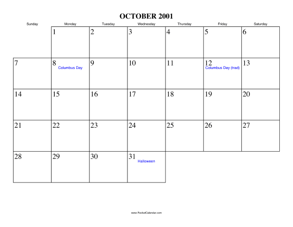 October 2001 Calendar