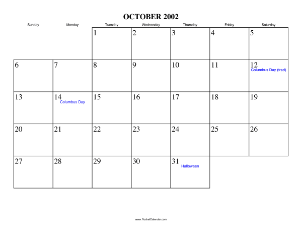 October 2002 Calendar