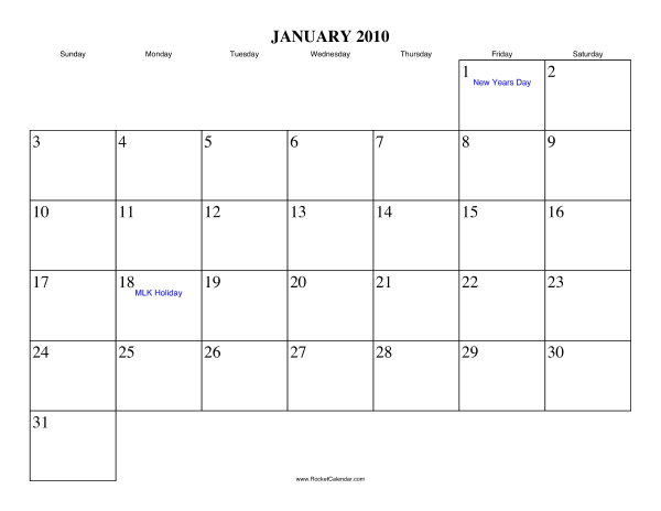 January 2010 Calendar