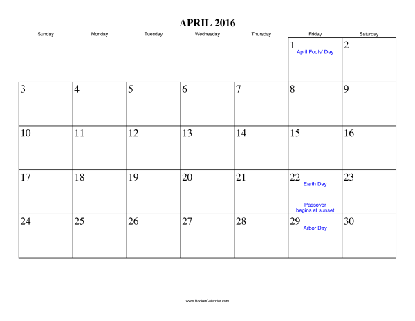 April 2016 Calendar