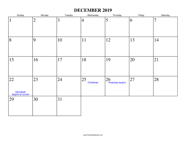 December 2019 Calendar