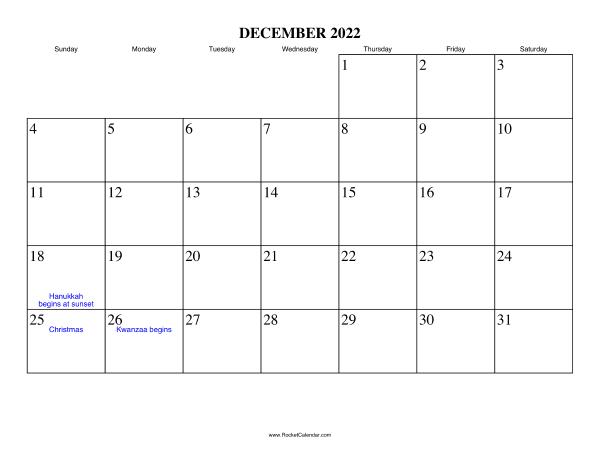 calendar december 2022 with holidays