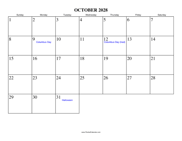 October 2028 Calendar