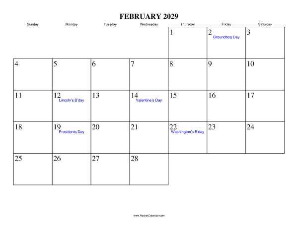 February 2029 Calendar