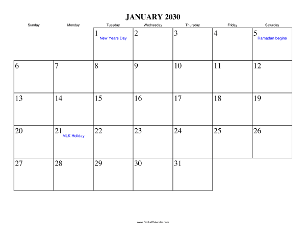 January 2030 Calendar