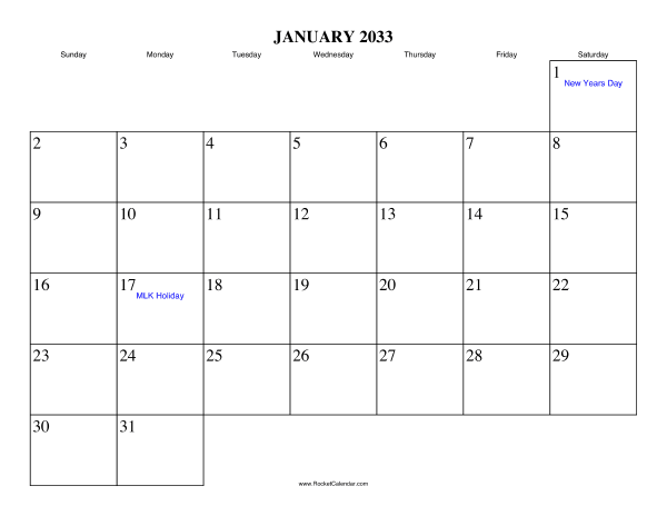 January 2033 Calendar