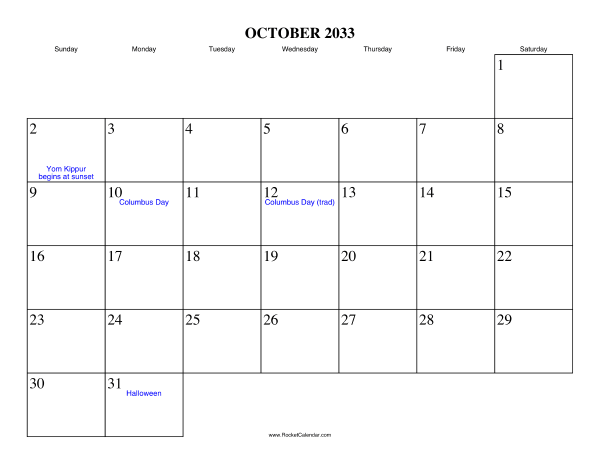 October 2033 Calendar