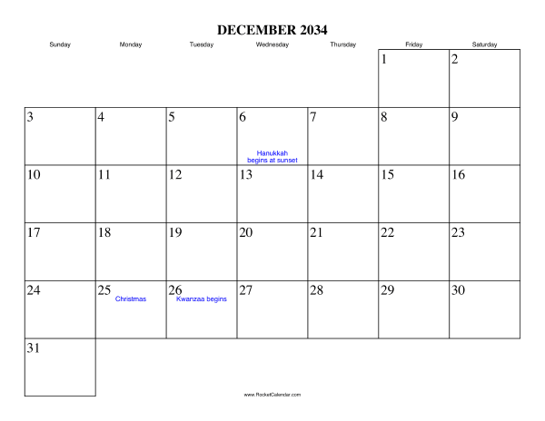 December 2034 Calendar