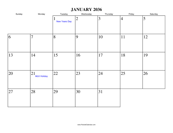 January 2036 Calendar