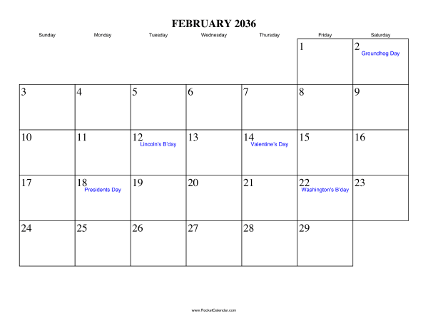 February 2036 Calendar