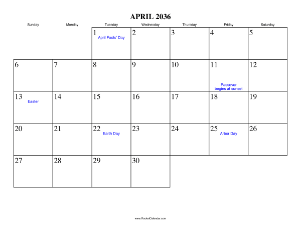 April 2036 Calendar