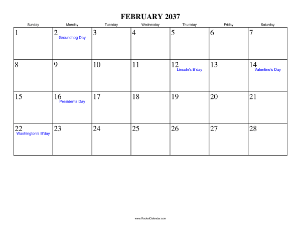 February 2037 Calendar