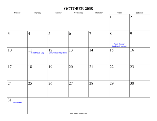 October 2038 Calendar