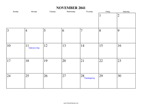 November 2041 Calendar