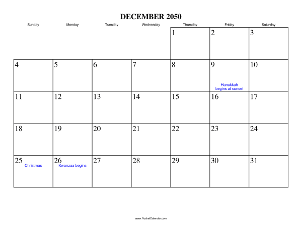 December 2050 Calendar