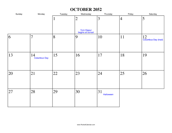 October 2052 Calendar