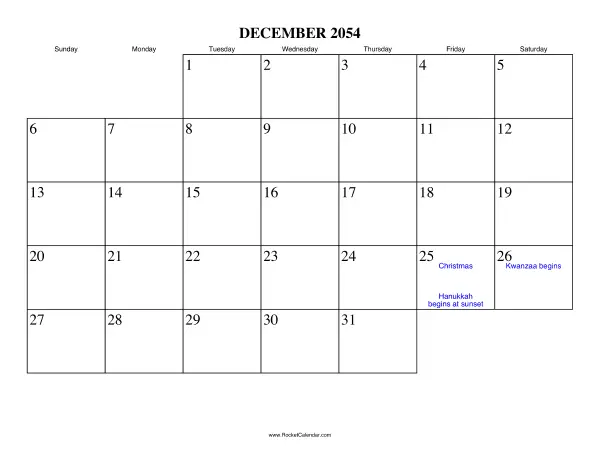 December 2054 Calendar