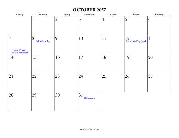 October 2057 Calendar