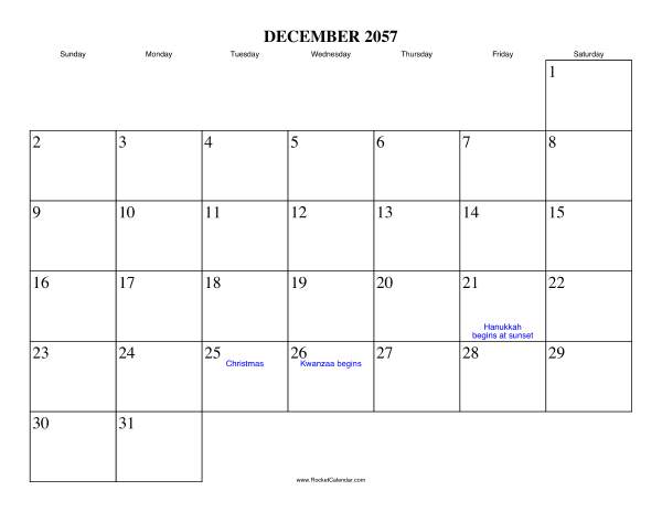 December 2057 Calendar