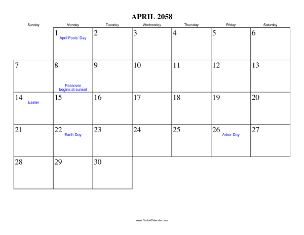 April 2058 Calendar