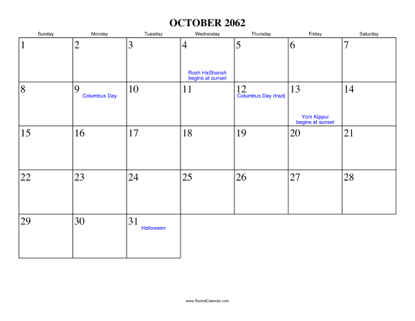 October 2062 Calendar