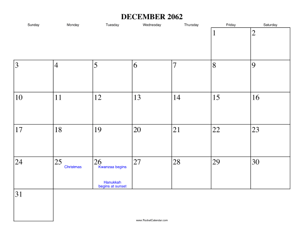 December 2062 Calendar