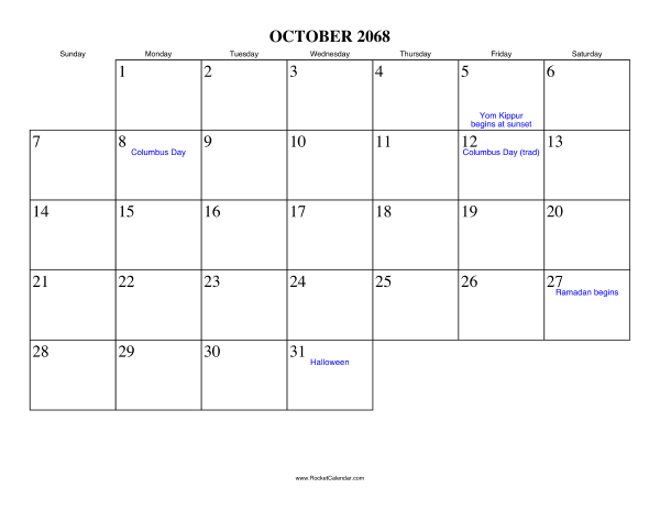 October 2068 Calendar