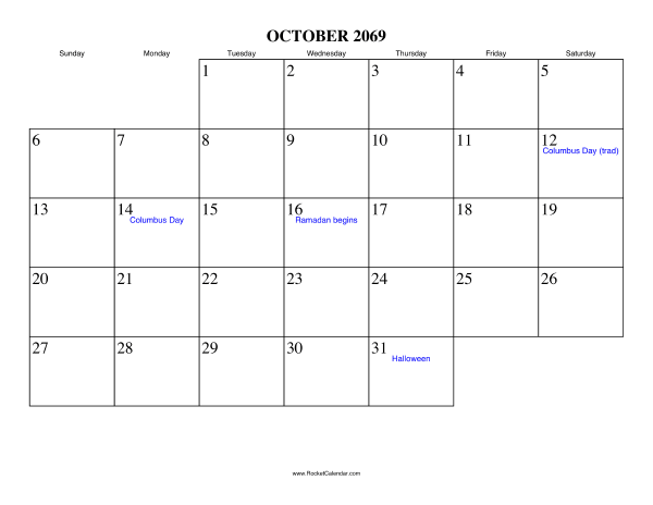 October 2069 Calendar