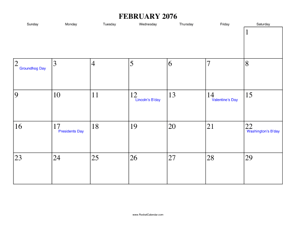 February 2076 Calendar