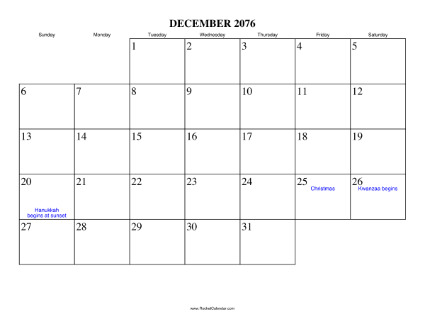 December 2076 Calendar