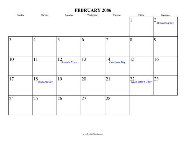 February 2086 Calendar