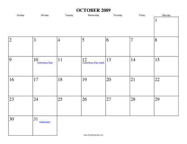 October 2089 Calendar